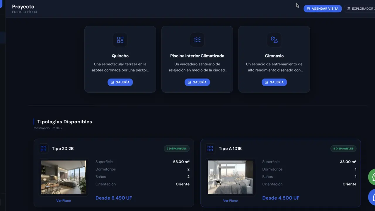 Amenidades y tipologías del proyecto, cada una con su galería, su plano y su precio