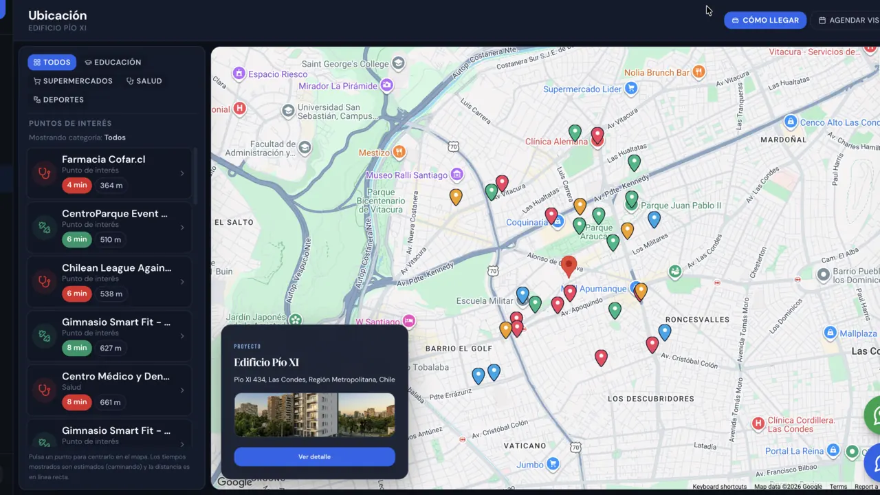 Mapa con supermercados, colegios, salud y deporte cercanos y su tiempo a pie